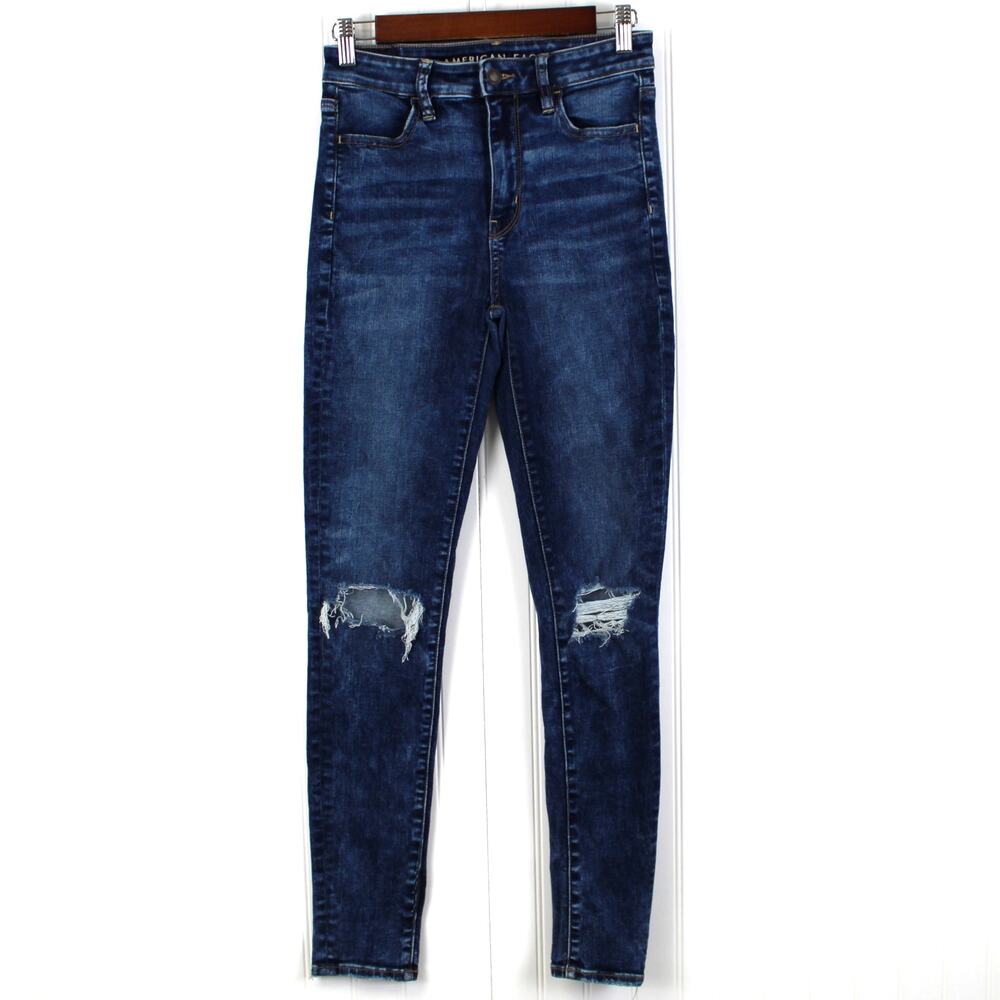 AEO Womens 4 Super Hi-Rise‎ Jegging Distressed Dark Wash Stretch Hipster Grunge